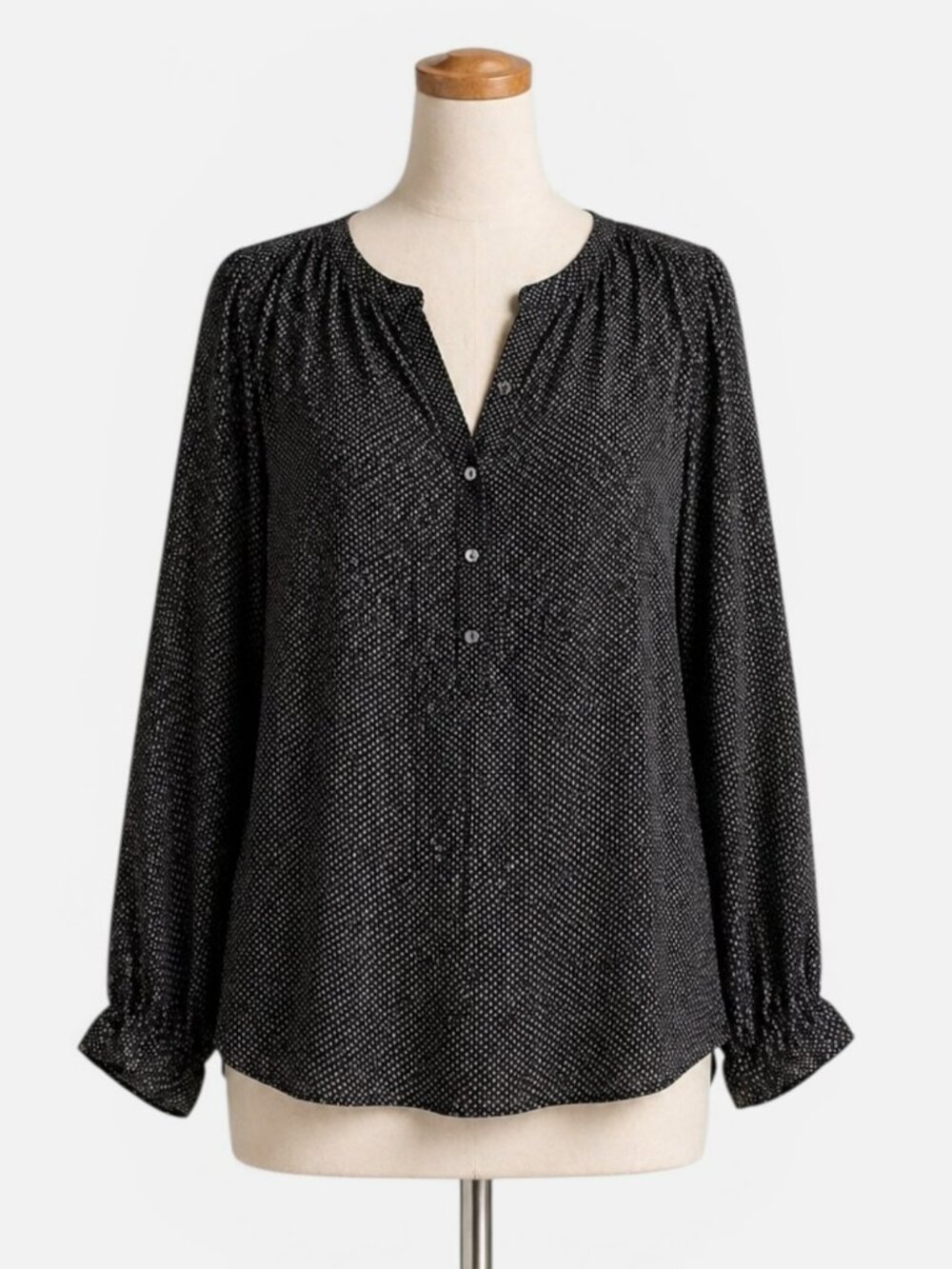 Vince Silk Blouse Sz Small Black Micro Geo Print Pullover Button Neck Flowy Top